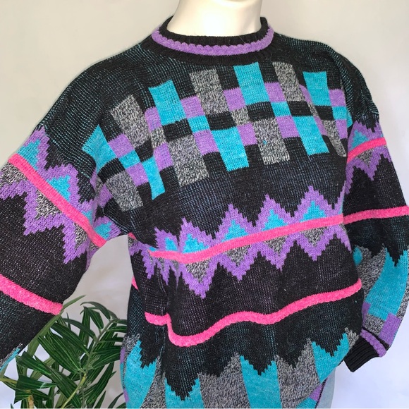 v i n t a g e :: Slouchy Bold Geometric Neon Grandpa Knit Sweater - Picture 3 of 14